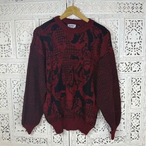 Vtg Red & Black Crewneck Sweater Sz Womens Large Grandpa Retro Granny